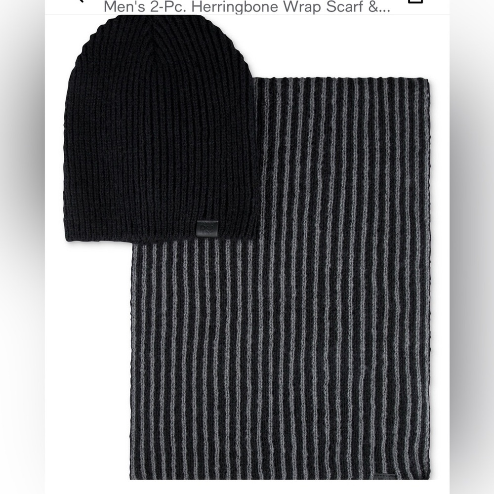 NWT Kenneth Cole Reaction‎ Men’s Gray Black Striped Scarf Beanie Set One Size